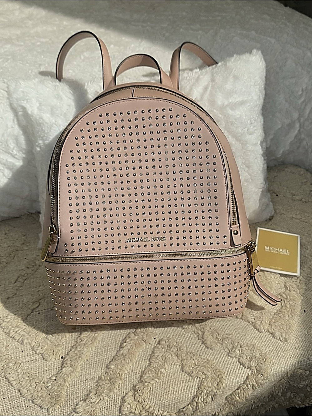 Michael Kors Studded Leather Backpack Blush Nude Medium Rhea Style - Picture 1 of 7